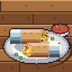 Pixel-art meal-prep breakfast burritos wrapped and stacked, with eggs, bacon, beans, peppers and cheese